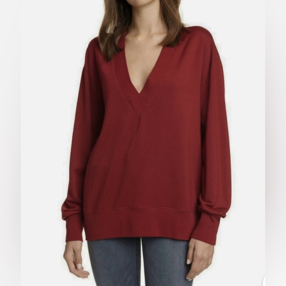 Rag & Bone Flora Modal V-Neck Banded Relaxed Sweatshirt Top Coral Red Medium